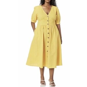 City Chic Linen Cotton Sunshine Yellow Midi Dress Button Down M 18 Aesthetic